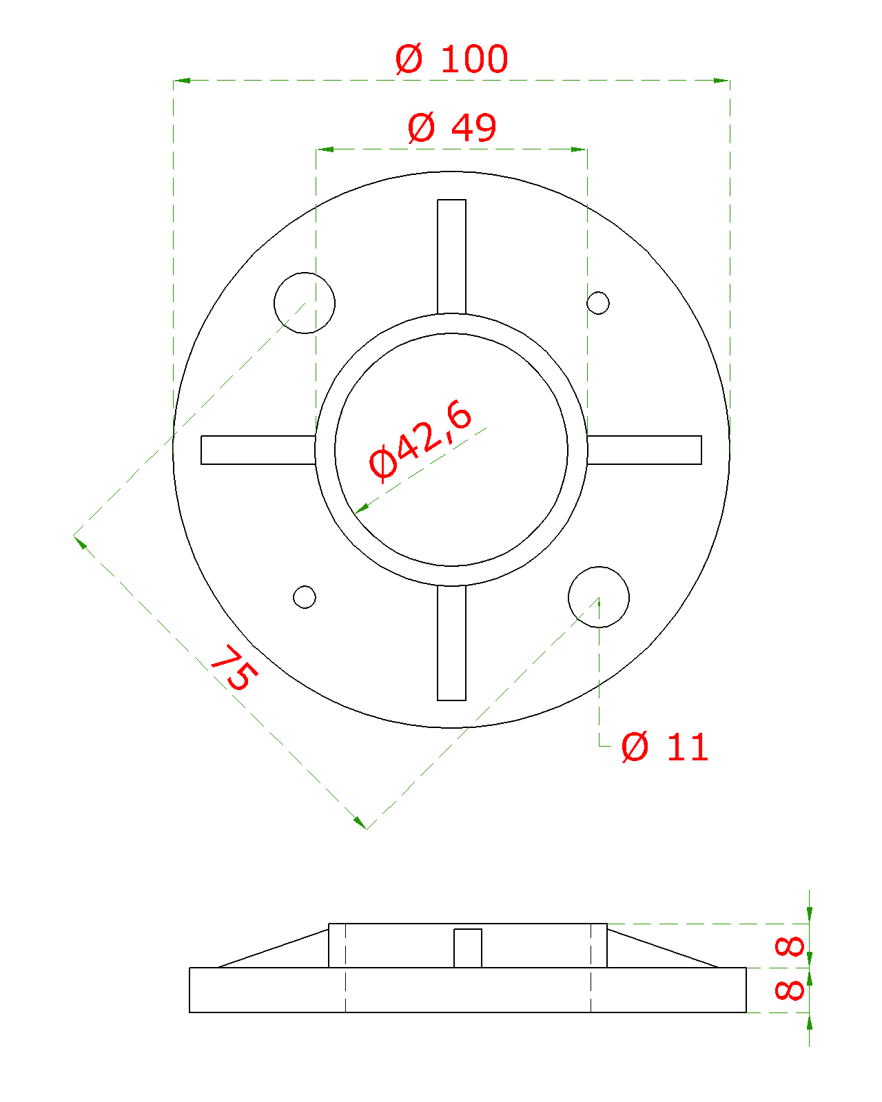 Příruba na trubku o 42.4mm (o 100 /8.8mm), broušená nerez K320 / AISI304 (1)