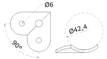Dopojovací deska (90° úhel) na trubku ø 42,4 mm, broušená nerez K320 / AISI304