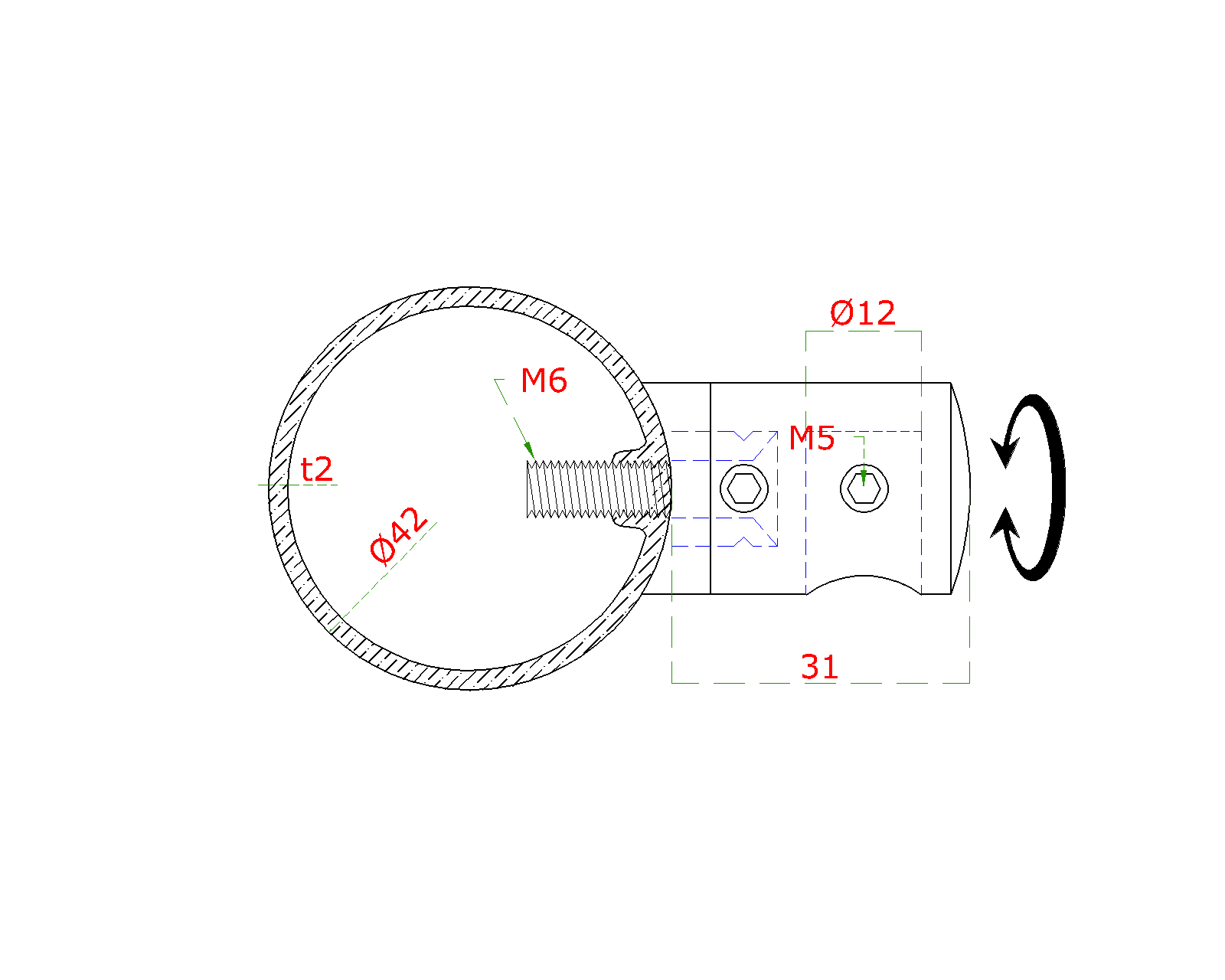 Držák tyče o 14 mm (koncový-pravý) na trubku o 42.4 mm (30x22 mm), broušená nerez K320 / A (1)