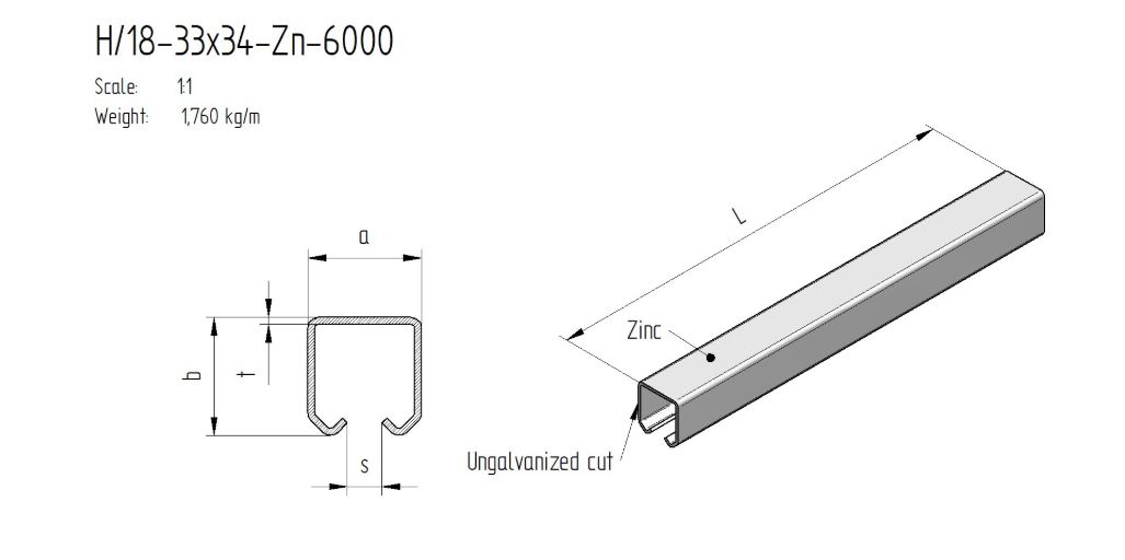Kolejnice C ZN 33x34x2mm, L6