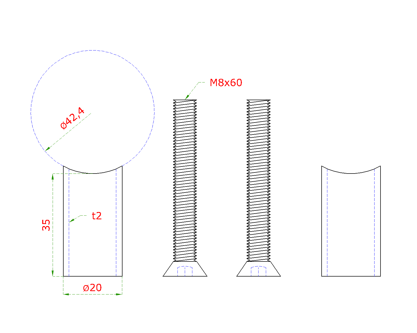 Přechod na vymezení vzdálenosti mezi sloupem ø 42,4 mm a kotevní deskou, ø 20x2,0 mm /L:35 mm, vnitřní šroub: M8x60 mm, broušená nerez K320 / AISI304, bal: 2ks