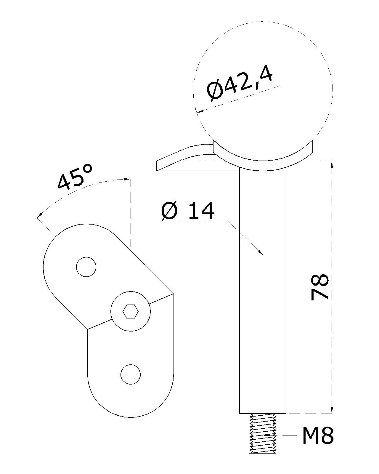 Držák madla (45° úhel) na trubku ø 42,4 mm (78 mm / závit M8), nerez broušená K320 / AISI304