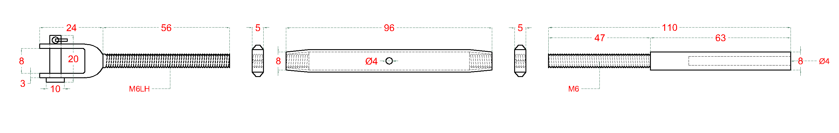 Lepicí úchyt, šponovák pro nerezové lanko ø4mm, se závitem M6 a LH6, broušená nerez K320/ AISI304