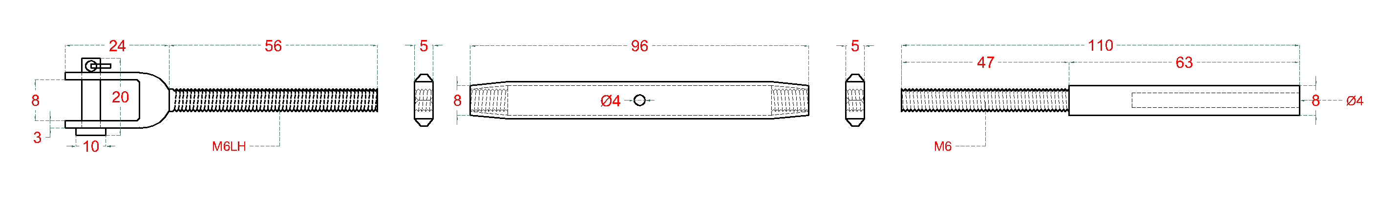 Lepicí úchyt, šponovák pro nerezové lanko o4mm, se závitem M6 a LH6, broušená nerez K320/ (1)