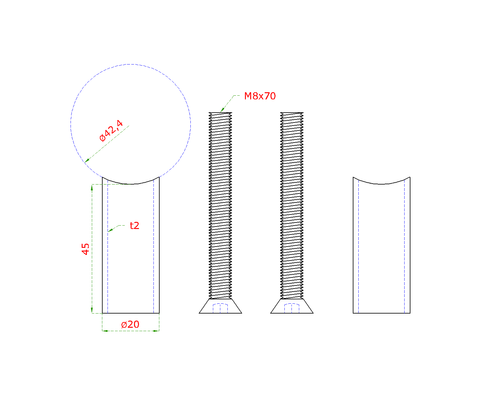 Přechod na vymezení vzdálenosti mezi sloupem ø 42,4 mm a kotevní deskou, ø 20x2,0 mm /L:45 mm, vnitřní šroub: M8x70 mm, broušená nerez K320 / AISI304, bal: 2ks