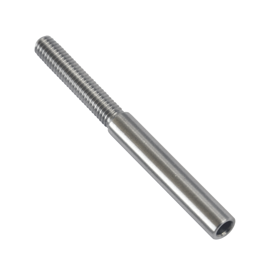 Úchyt (lepící) pro ocelové lanko ø 4 mm s vnějším pravotočivým závitem M6 x 30 mm, (ø 7 mm / L: 70 mm), broušená nerez K320 / AISI304